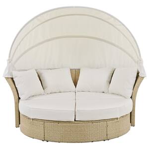 Brown Wicker Rattan Outdoor Day Bed with Gray Cushions and Beige Retractable Canopy