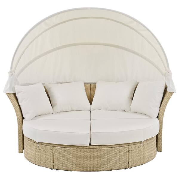 Boosicavelly Brown Wicker Rattan Outdoor Day Bed with Gray Cushions and Beige Retractable Canopy