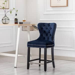 Harper 24 in. High Back Nail Head Trim Button Tufted Navy Blue Velvet Counter Stool with Solid Wood Frame in Black