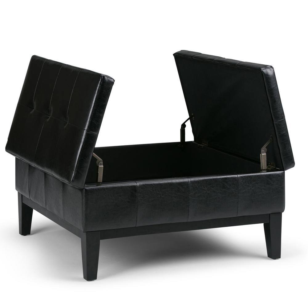 Midnight Black Tufted Faux Leather Cocktail Storage Ottoman