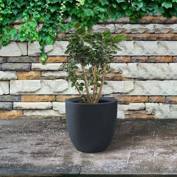 16.54 in. x 15.35 in. Round Charcoal Finish Lightweight Concrete & Fiberglass Indoor Outdoor Planter with Drainage Hole