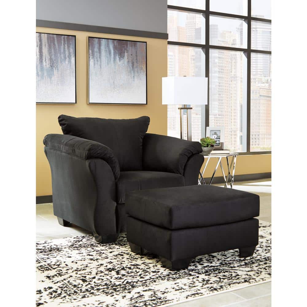 Black Microfiber Contemporary Ottoman with Faux Wood Feet