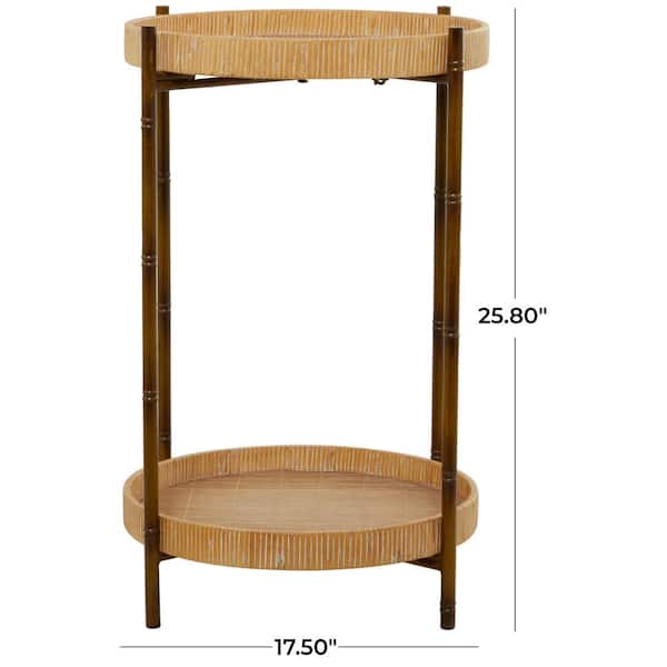 18 in. Brown 2 Tray Shelves Large Round Manufactured Wood End Accent Table with Metal Bamboo Inspired Legs