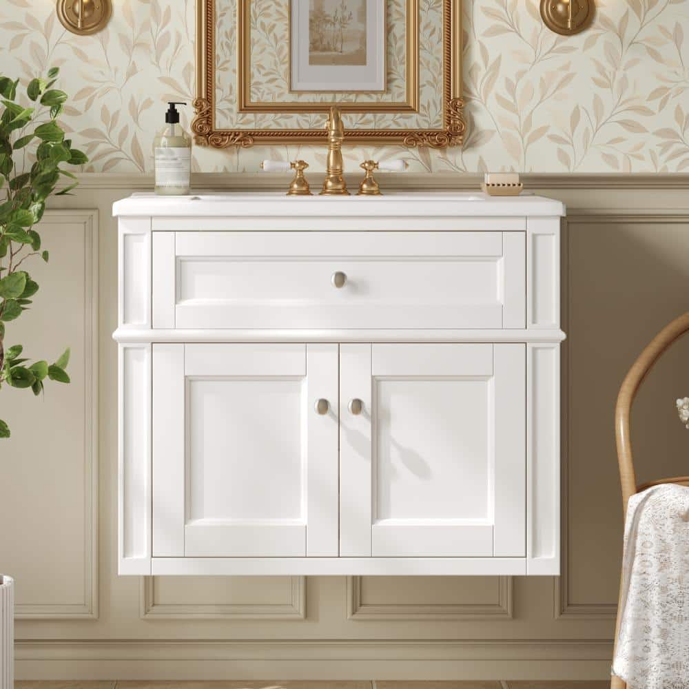 24 in. W White Floating Bath Vanity with White Ceramic Top Sink,Tip Out Drawer & Soft-Close Hinges price history on PriceWatchPro