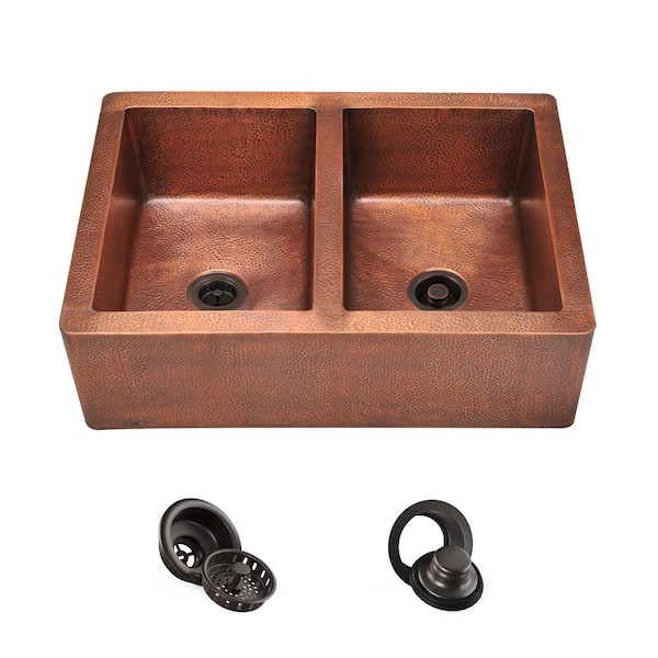 MR Direct Farmhouse Apron Front Copper 35 in. Double Bowl Kitchen Sink with Strainer and Flange
