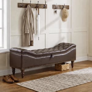Modern 57.7 in. Dark Brown PU Faux Leather Button-Tufted Upholstered Storage Ottoman Entryway Bedroom Bench