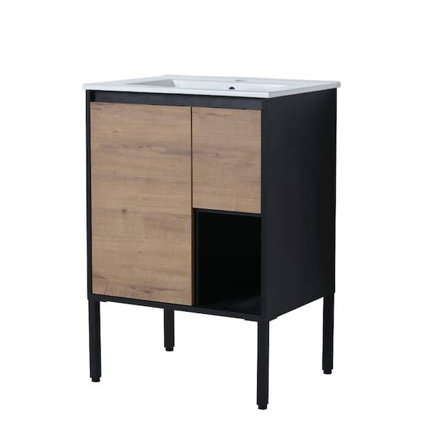 EPOWP 23.4 in. W x 17.9 in. D x 34.3 in. H Bath Vanity in Brown with White Granite Top