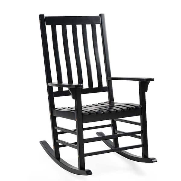 Evergreen Enterprises 33 in. x 44 in. Black Slatted Eucalyptus Wood Outdoor Rocking Chair