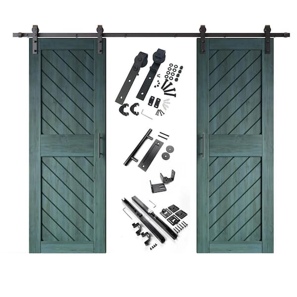 HOMACER XT2 30 in. x 84 in. C-Panel Royal Pine Slanted Stripe Design Double Pine Wood Sliding Barn Door with Hardware Kit