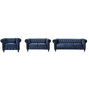 Brooks 3-Piece Dark Blue Velvet Living Room Set, Chair Loveseat and Sofa, 82.3 in Wide sofa