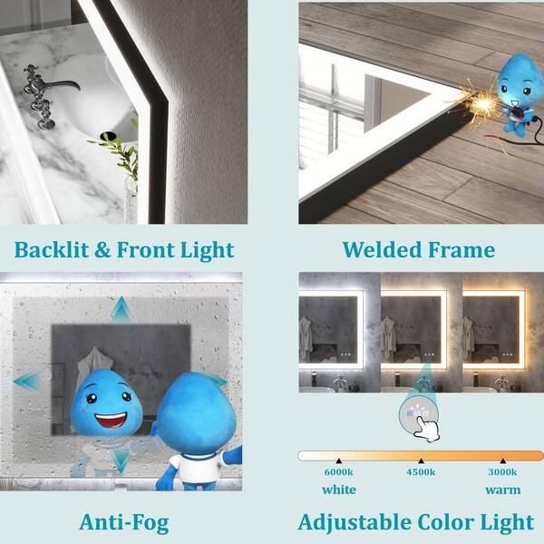 28 in. W x 36 in. H Rectangular Framed Anti-Fog LED Wall Bathroom Vanity Mirror in Black with Backlit and Front Light