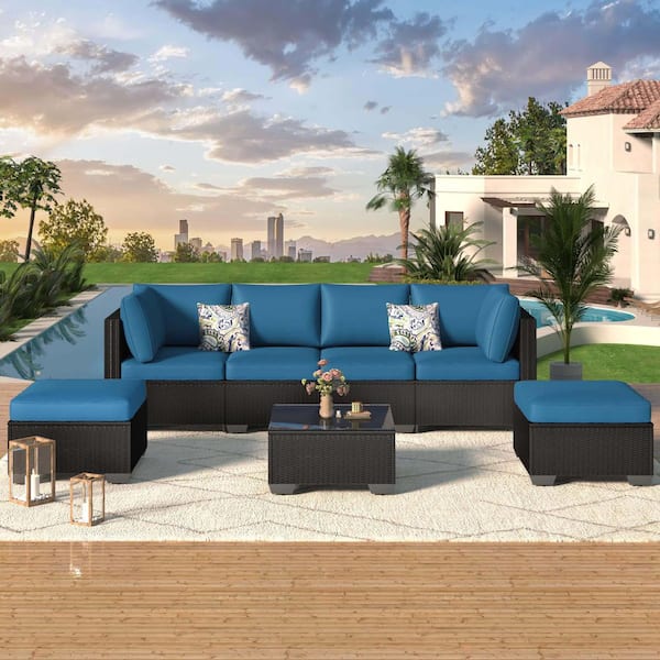 Zeus & Ruta 7-Piece Black Wicker Outdoor Conversation Set with Sky Blue Cushions, 1-Square Glass Table