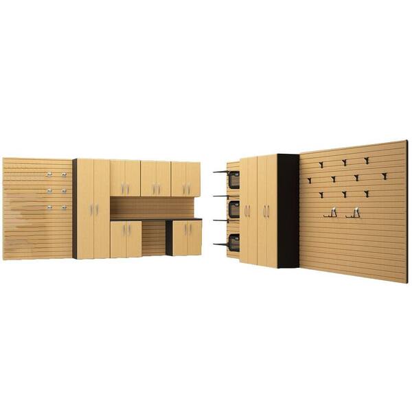 Flow Wall Deluxe 72 in. H x 336 in. W x 17 in. D Wall Mounted Garage Cabinet Set with Workstation in Maple (9 Piece)
