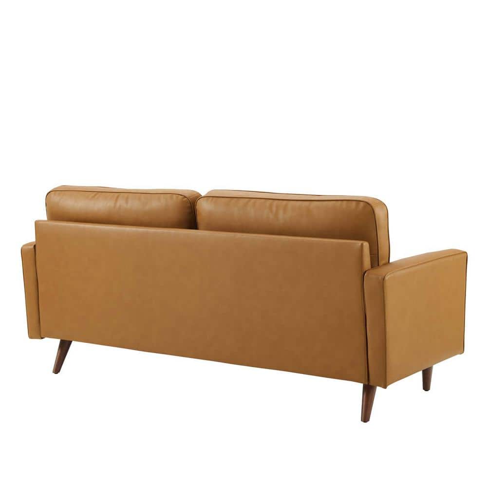 Mid-Century 73'' Tufted Brown Leather Sofa with Walnut Wood Legs