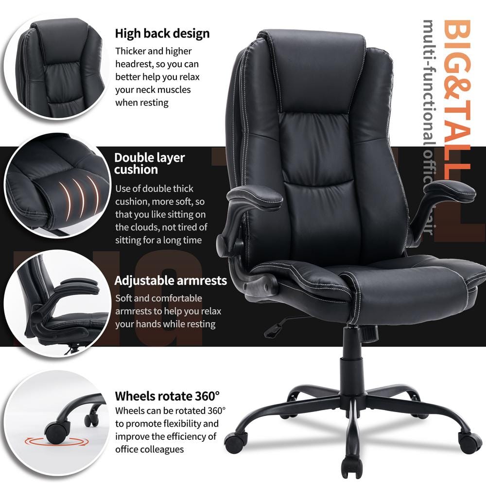 Pinksvdas Office Chair 29.9 in. Black Breathing Skin Leather Big And Tall  Office Chair With Adjustable Arms T5065-BL - The Home Depot