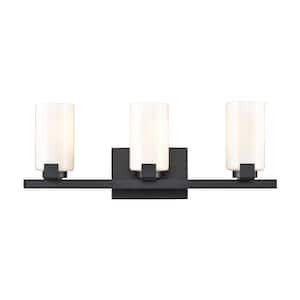 Central 3-Light Matte Black Transitional Vanity Light with Glass Shade