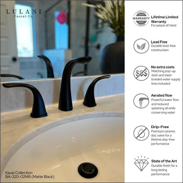 Lulani Kauai 2-Handle 8" Widespread Bathroom Faucet with Drain Assembly - Matte Black