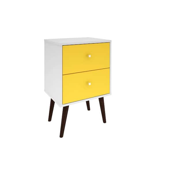 Manhattan Comfort Liberty Mid Century White and Yellow Modern Nightstand 2.0 with 2-Full Extension Drawers with Solid Wood Legs