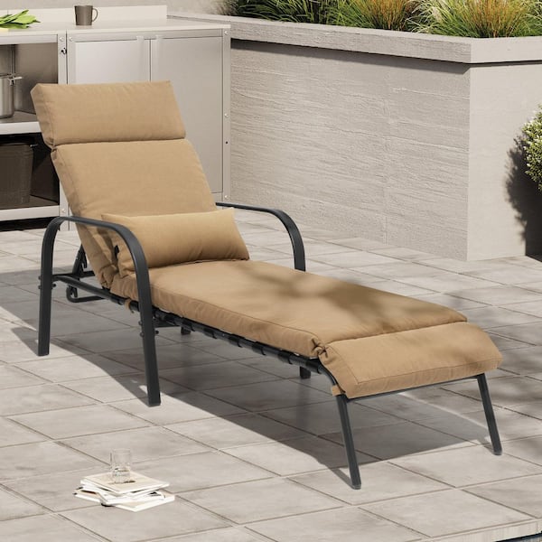 1-Piece Metal Outdoor Chaise Lounge with 4-Adjustable Positions Backrest and 4 in. Thick Cushion and Pillow in Tan