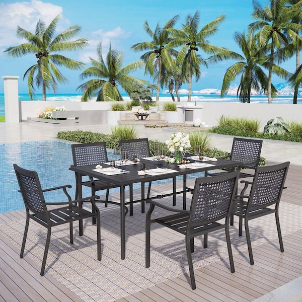 PHI VILLA 7-Piece Metal Outdoor Dining Set with Slat Table-Top and Stackable Chairs