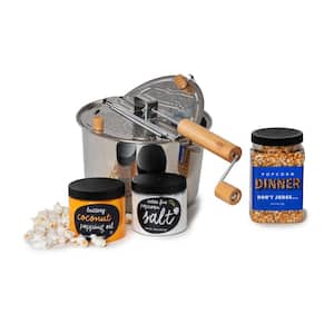 6 Qt. Stainless Steel Stovetop Popcorn Popper with Popcorn, Buttery Coconut Oil and Extra Fine Salt 4-Piece Popcorn Set