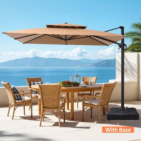 Double Top 10.5 ft. Square Aluminum Cantilever Offset Tiltable Patio Umbrella in Tan With 260 lbs. Umbrella Stand