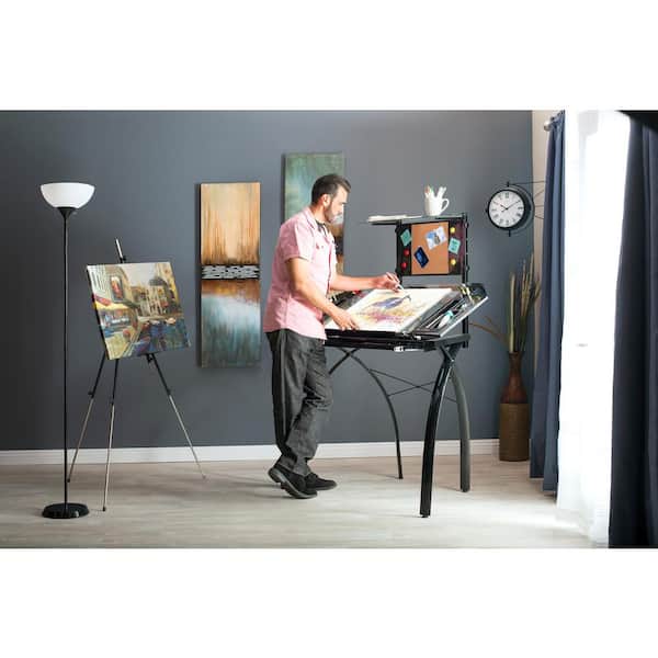 Futura Collection: 32.5 in. W Metal and Glass Craft Tower with Art Storage, Shelf and Magnetic/Cork Board, Black