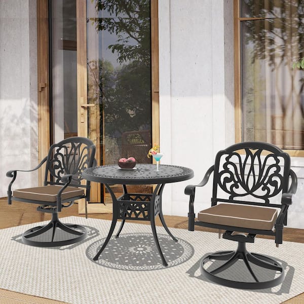Willit Elizabeth 3-Piece Cast Aluminum Patio Outdoor Dining Set with Round Dining Table, 2 Swivel Chairs and 2 Brown Cushions