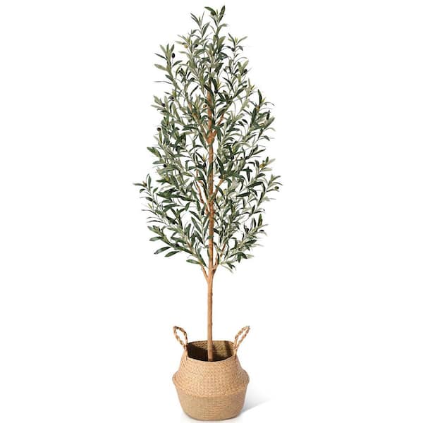 6 ft. Artificial Olive Tree, Faux Plants Indoor/Outdoor, Fake Tree Home Office Decor With Real Wood Trunk Living Room