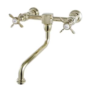 Vintage Cross 2-Handle Wall Mount Bathroom Faucet in Polished Brass