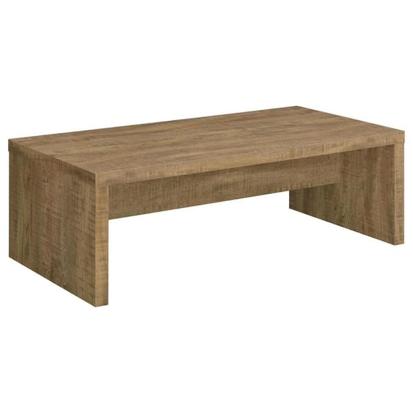 Benjara Nette 23.5 in. Brown Rectangle Particle Board Coffee Table with Rough Hewn Saw Marks