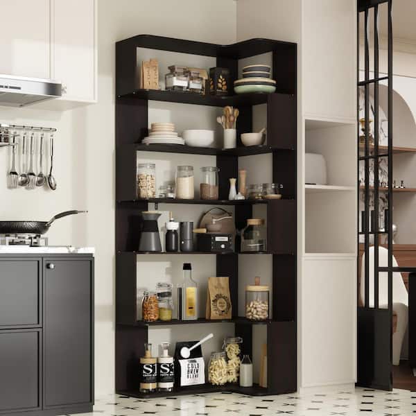 Walnut Dark Brown 5+Shelf Wood 35.4 in. W Baker's Rack Corner Storage Shelf Unit Kitchen Organizer Rack