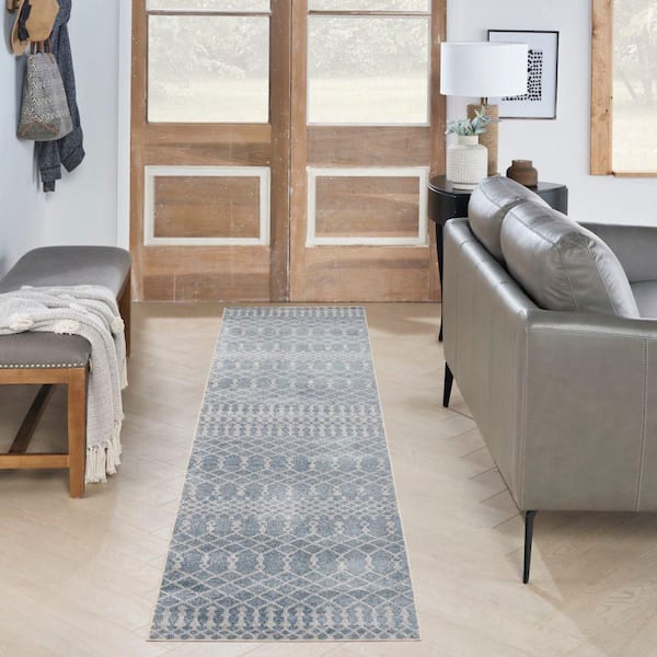 Astra Machine Washable Blue 2 ft. x 12 ft. Moroccan Transitional Runner Area Rug