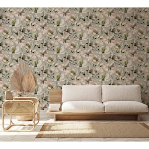 Flora Collection Beige Cherry Blossom Matte Finish Non-Pasted Vinyl on Non-Woven Wallpaper Roll