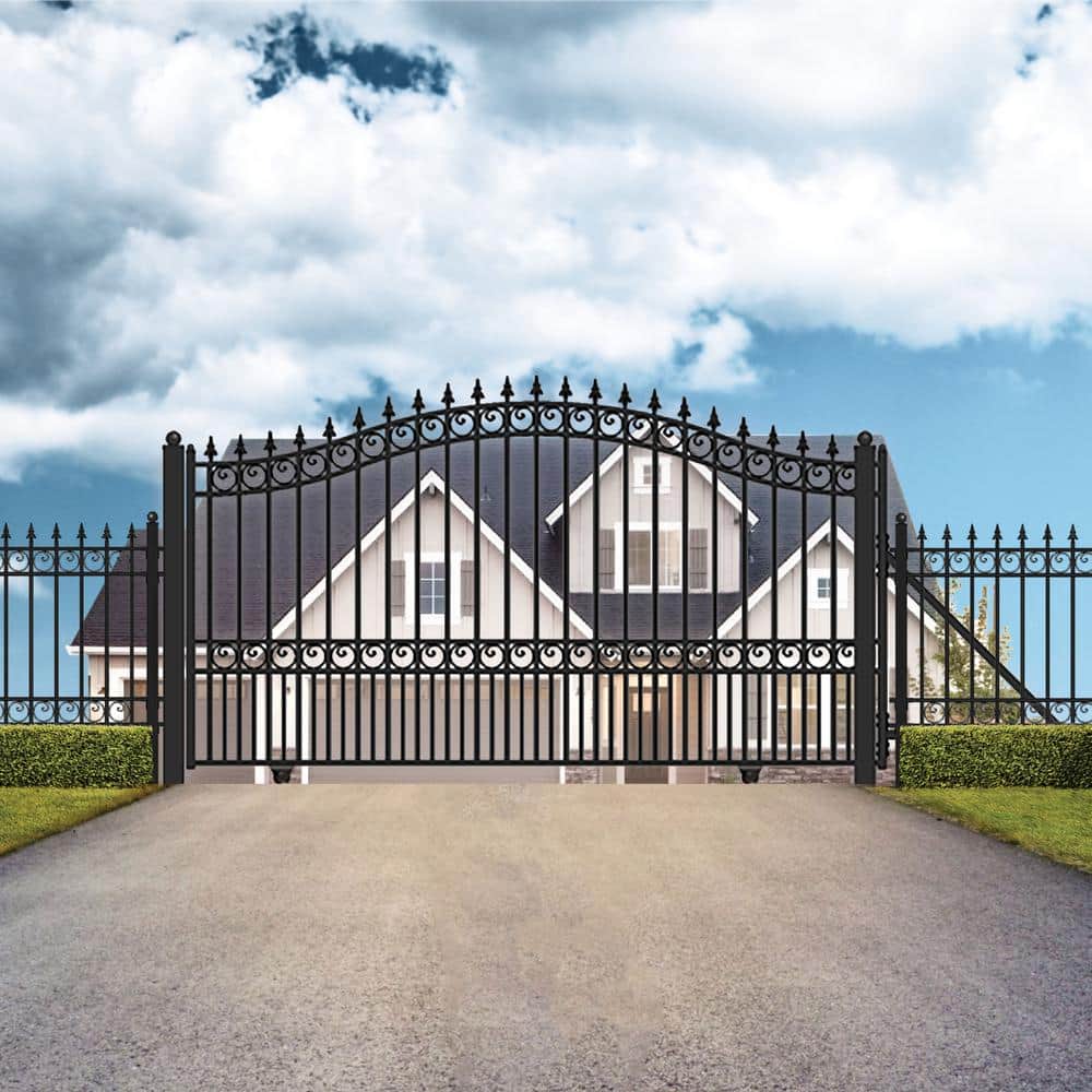 Black Steel Arched Sliding Driveway Gate with Pedestrian Gate