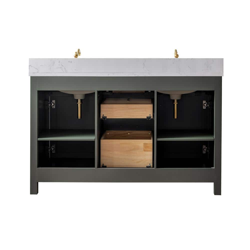 Vintage Green Double Vanity with Carrara White Top and Gold Hardware