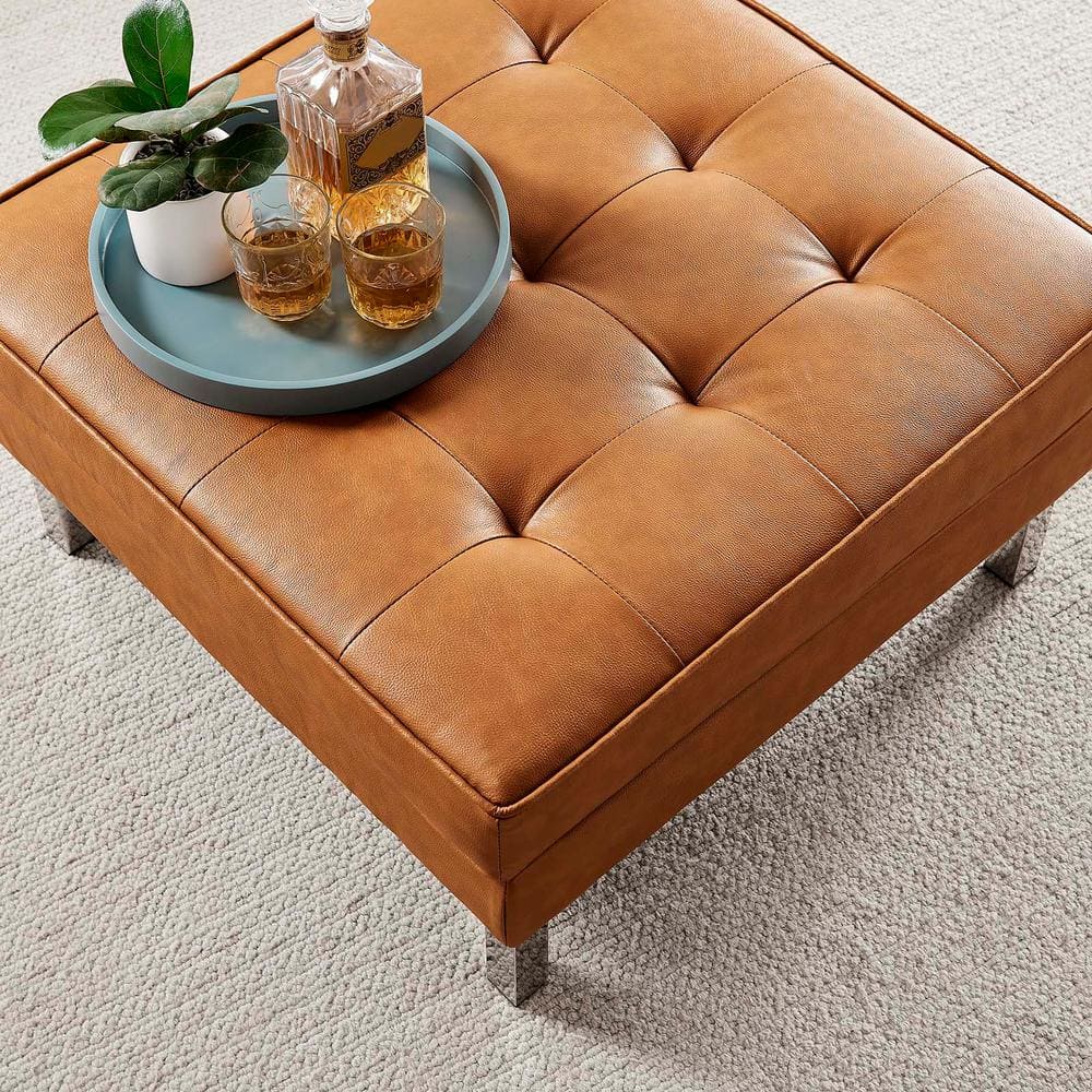 Loft Tufted Tan Faux Leather Ottoman with Silver Legs