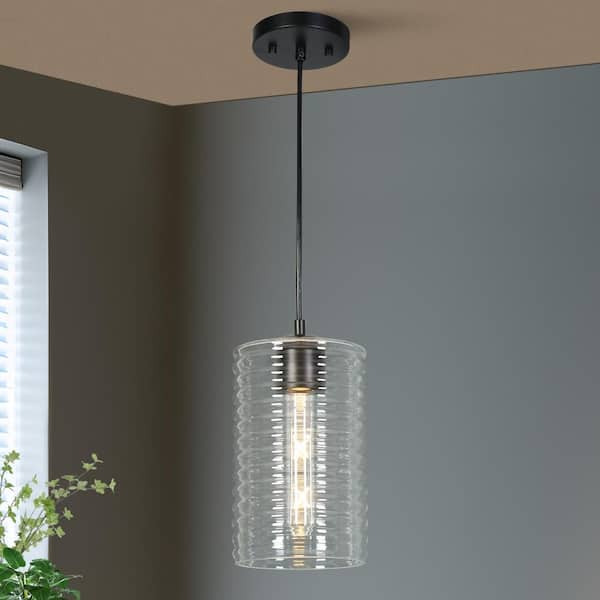 Zevni Modern 1-light Matte Black Pendant Light with Cylinder Striped Glass Shade, Hand-blown Hanging Lamp for Dining Room