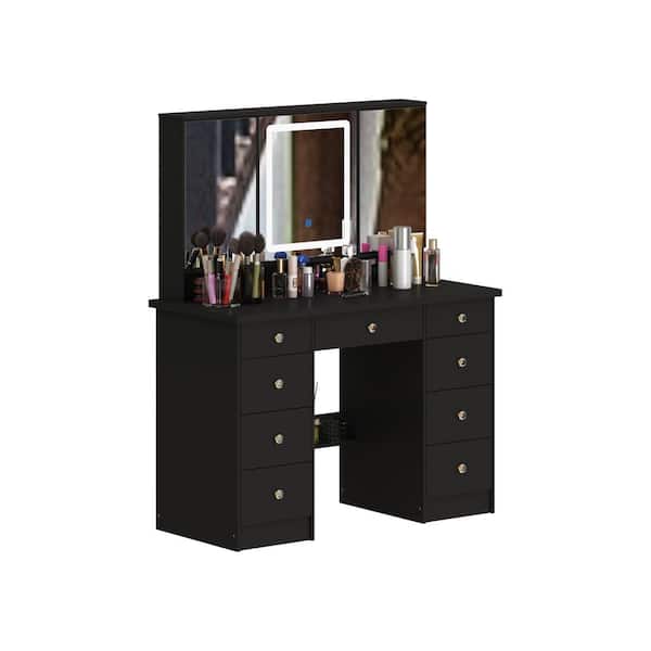 Black Modern Makeup Vanity Desk 9-Drawers Wood Dressing Table with 3 Mirrors, Hidden Storage Shelves, LED Lighted Lights