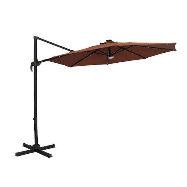 Island Umbrella Santiago II 10 ft. Polyester Octagon Cantilever Umbrella with LED Bulb Lights/X-Stand in Coffee
