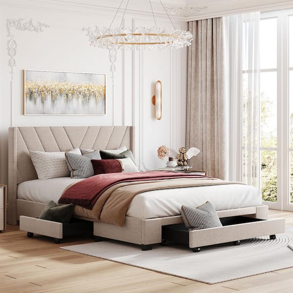 Harper & Bright Designs Beige Wood Frame Queen Size Linen Upholstered Platform Bed with 3-Drawers