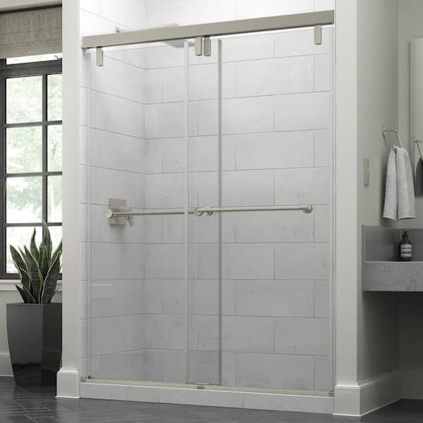 Delta 60.0 in. W x 71.5 in. H Sliding Frameless Shower Door in Nickel with Clear Glass