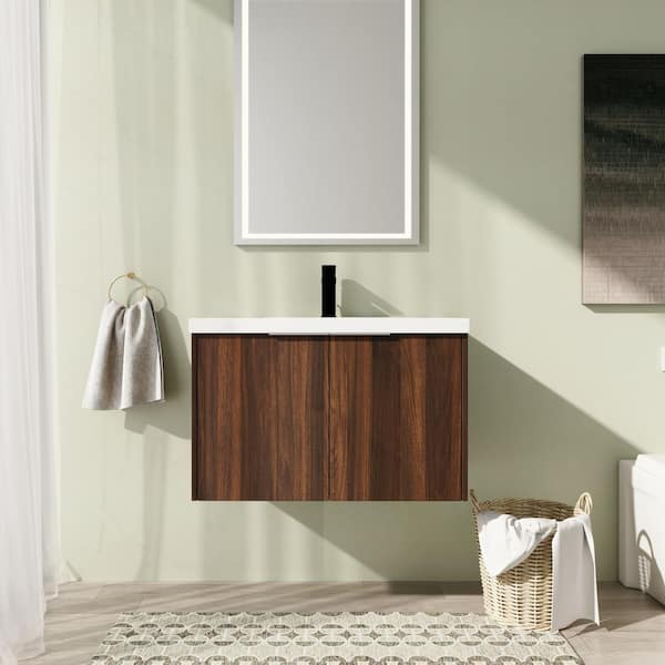 30 in. Wall-Mounted Single Brown Bath Vanity with White Resin Vanity Top Unassembled