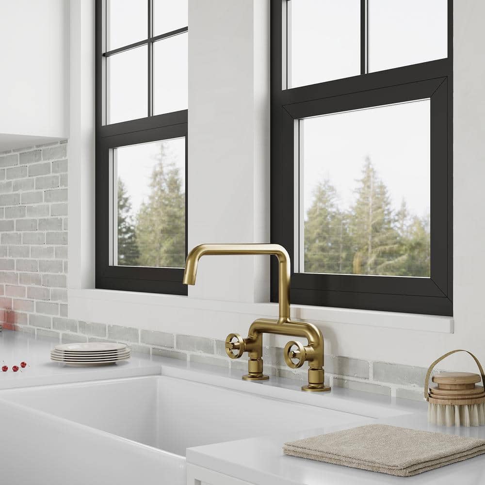 Brushed Gold Double Handle Deck Mount Kitchen Faucet