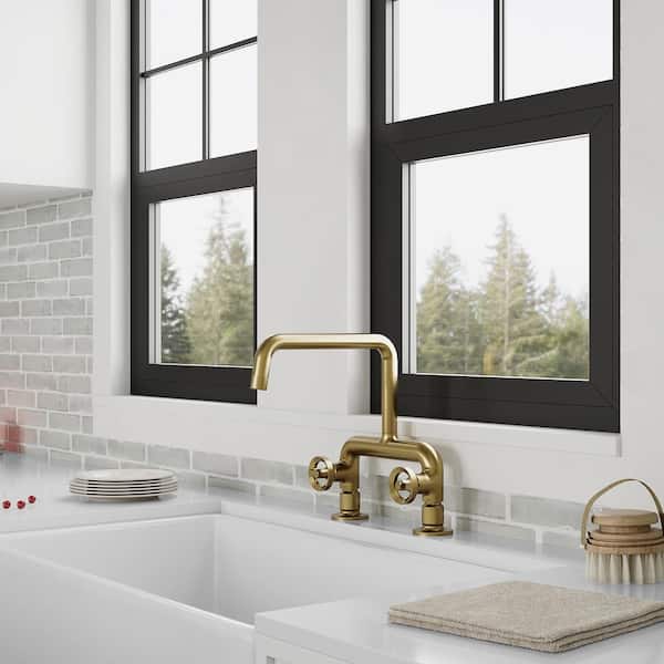 2-Handle Cross Bridge Kitchen Faucet with 360° Swivel Spout in Brushed Gold