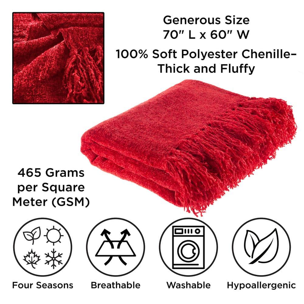 Oversized Red Chenille Throw Blanket with Fringe