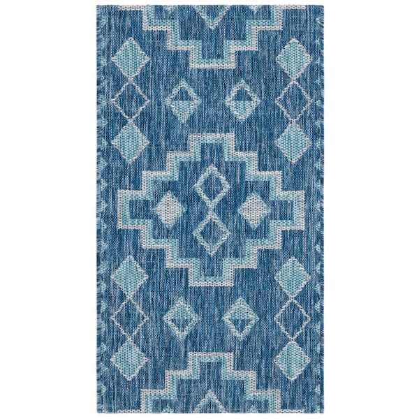 Courtyard Navy/Aqua 2 ft. x 4 ft. Aztec Tribal Indoor/Outdoor Area Rug