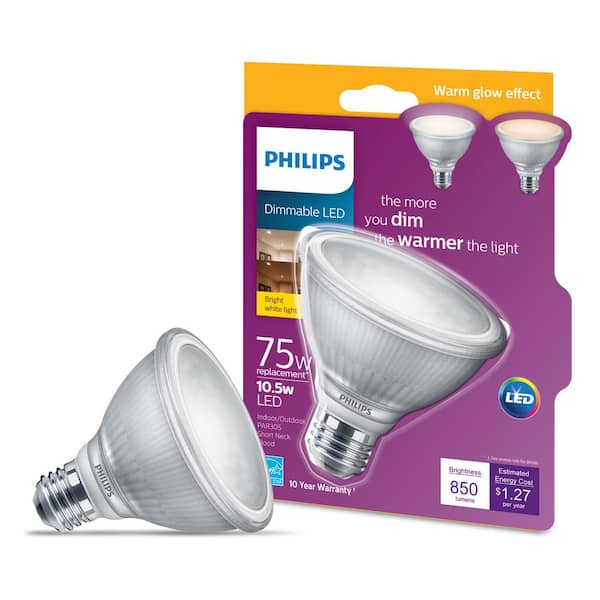 2 PACK Philips 75-Watt Equiv Bright White PAR30S Dimmable LED Light Bulb Warm
