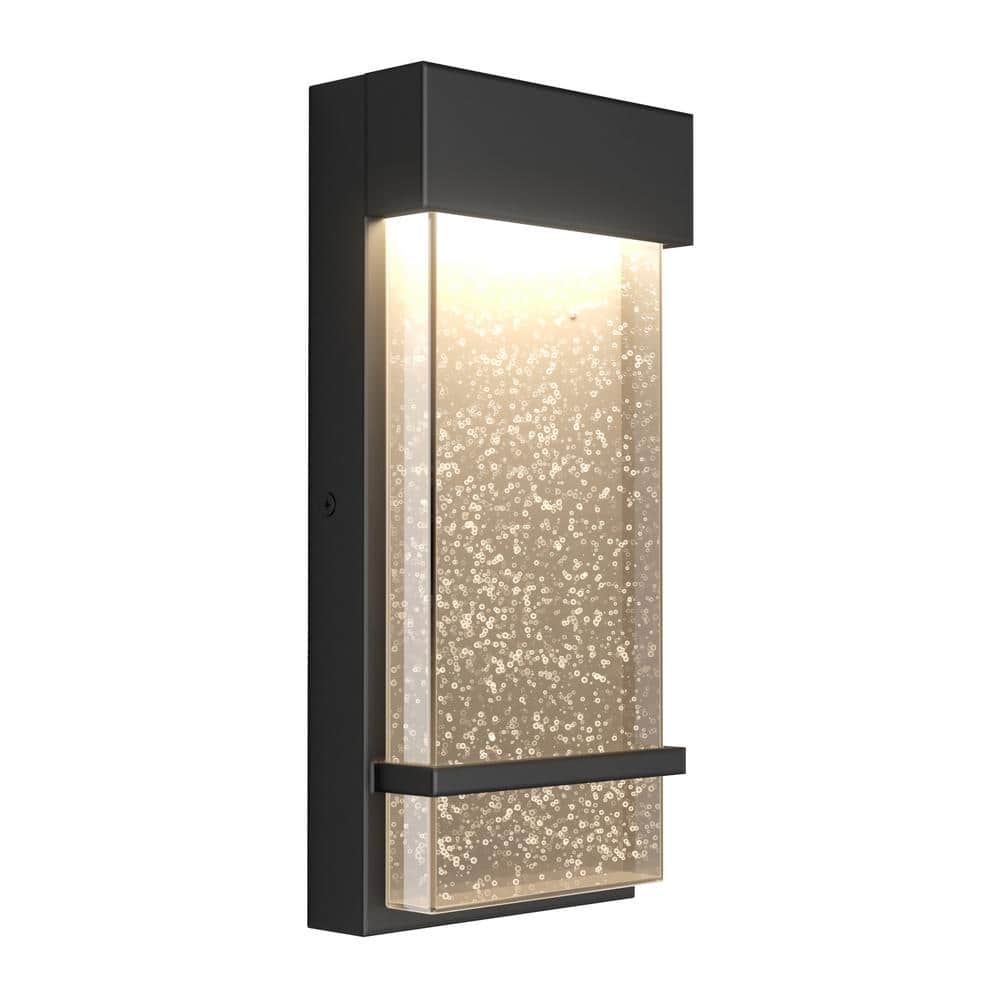 Modern Black Aluminum Lantern Sconce with Seeded Glass Shade