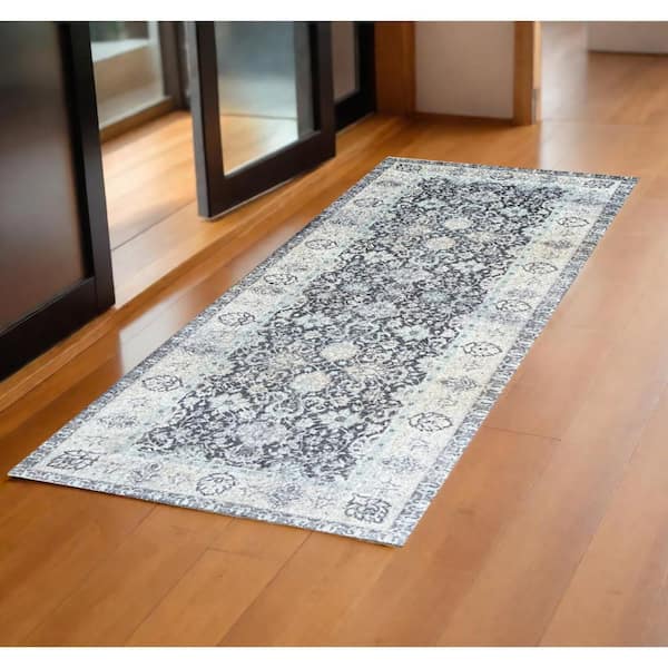 2 ft. x 6 ft. Gray Oriental Washable With UV Protection Area Rug